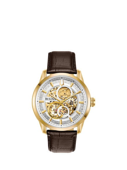 Bulova 97A138 Men's Classic Sutton Round Leather Strap Watch, White/Brown, White/Brown