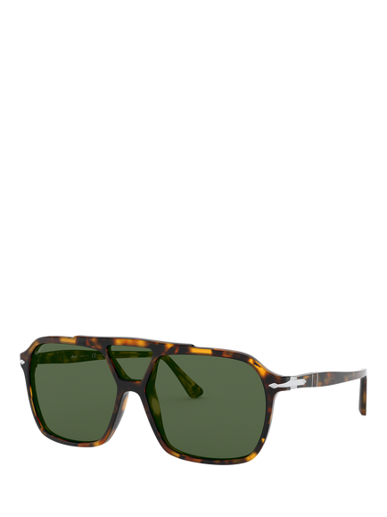 Persol PO3223S Men's Polarised Square Sunglasses, Madre Terra/Green, Madre Terra/Green