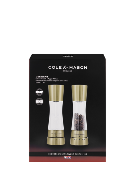 Cole & Mason Derwent Gold Salt & Pepper Mill Set, Gold - view 2, Matt Gold & Clear
