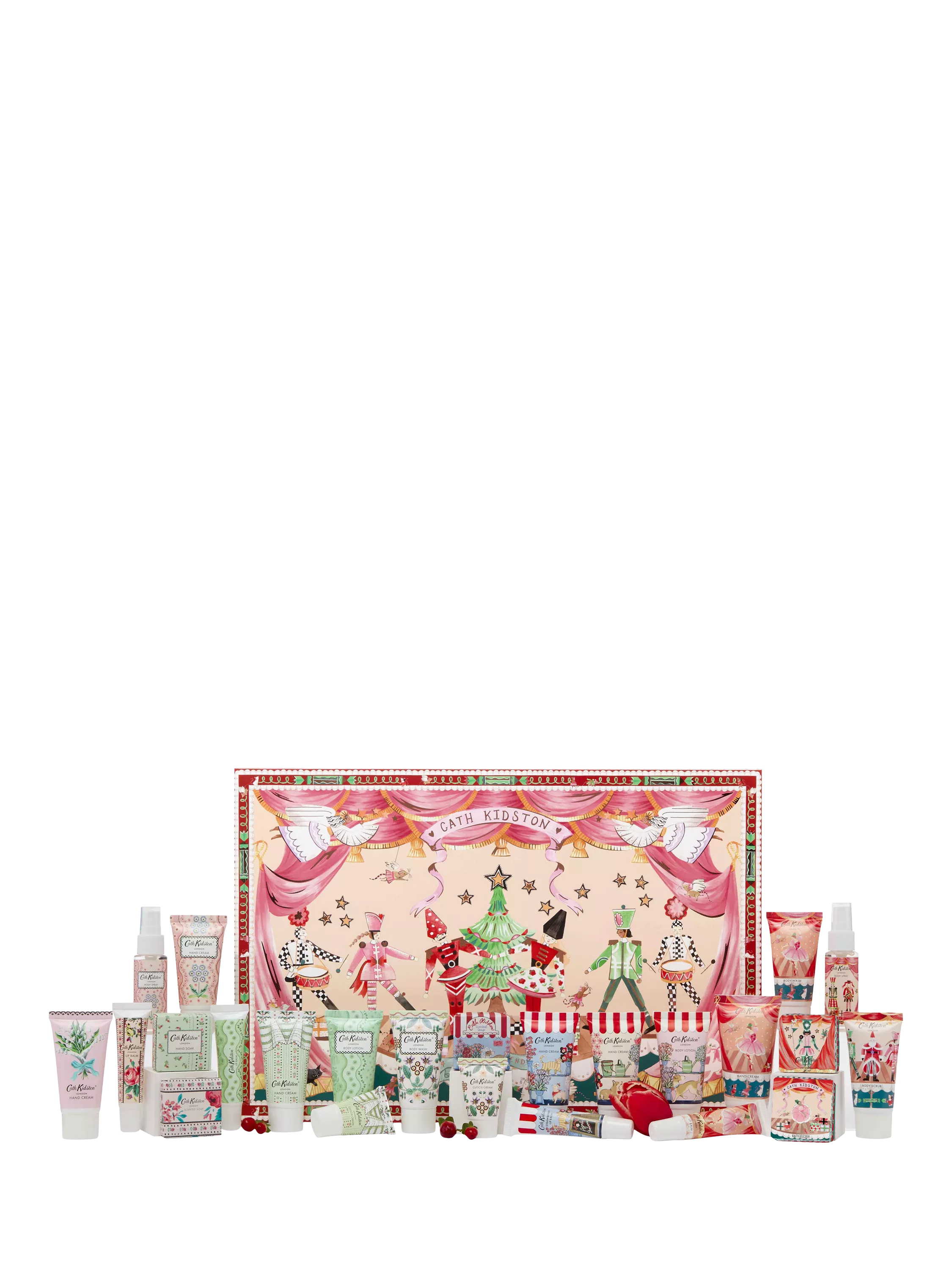 The 24 minis from the Cath Kidston Nutcracker Theatre 2026 calendar in front of the box