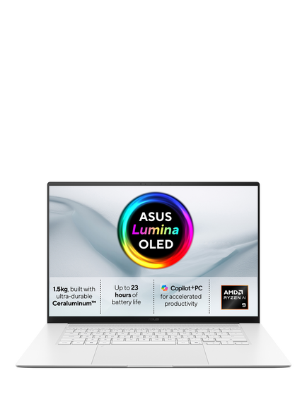 ASUS Zenbook S16 OLED Laptop, AMD Ryzen AI 9 Processor, 16GB RAM, 1TB SSD, 16” 3K OLED Touchscreen, White, White