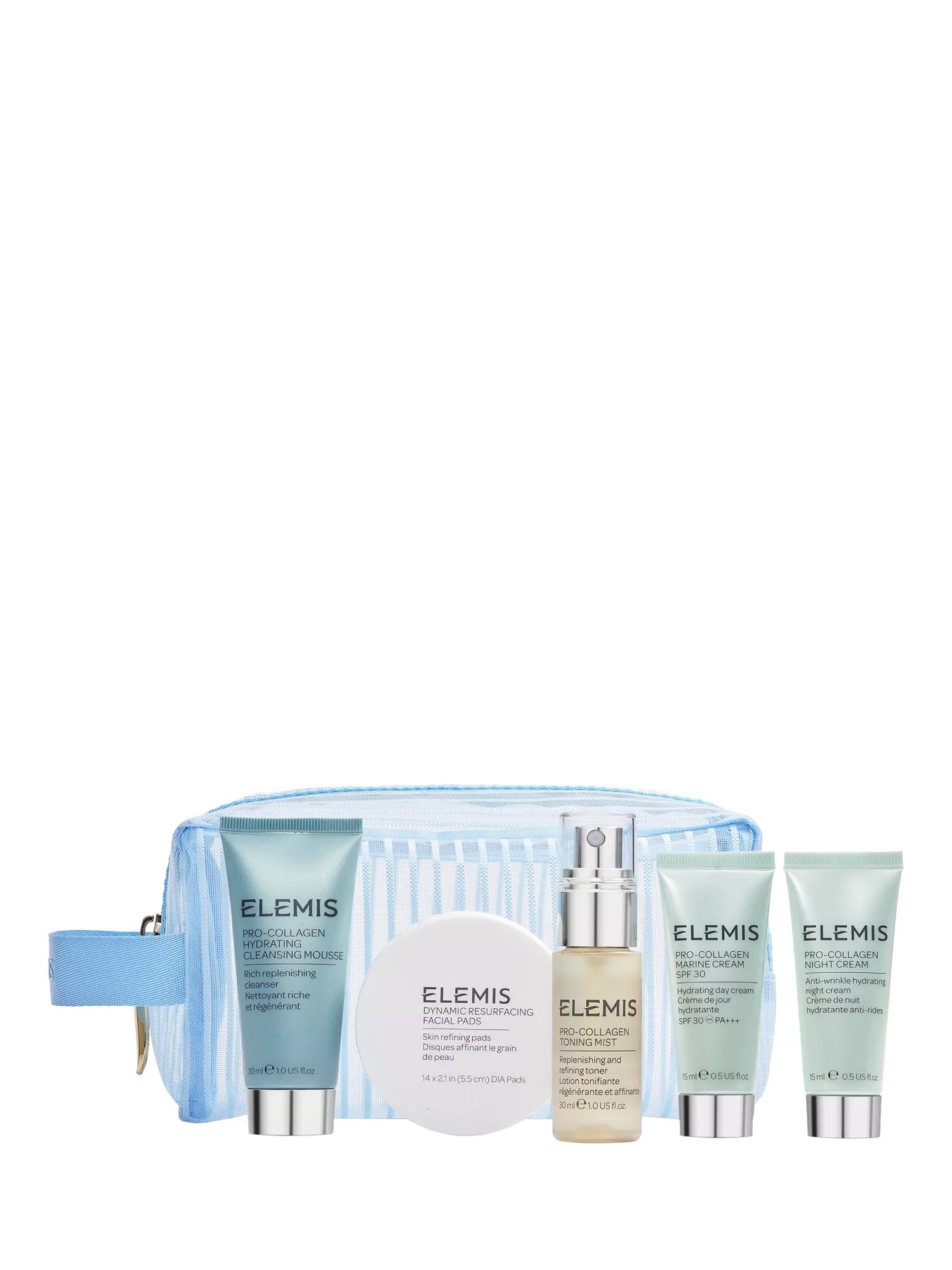 Elemis Pro-Collagen skincare travel set with striped zip pouch, cleanser, facial pads, toner, day and night creams