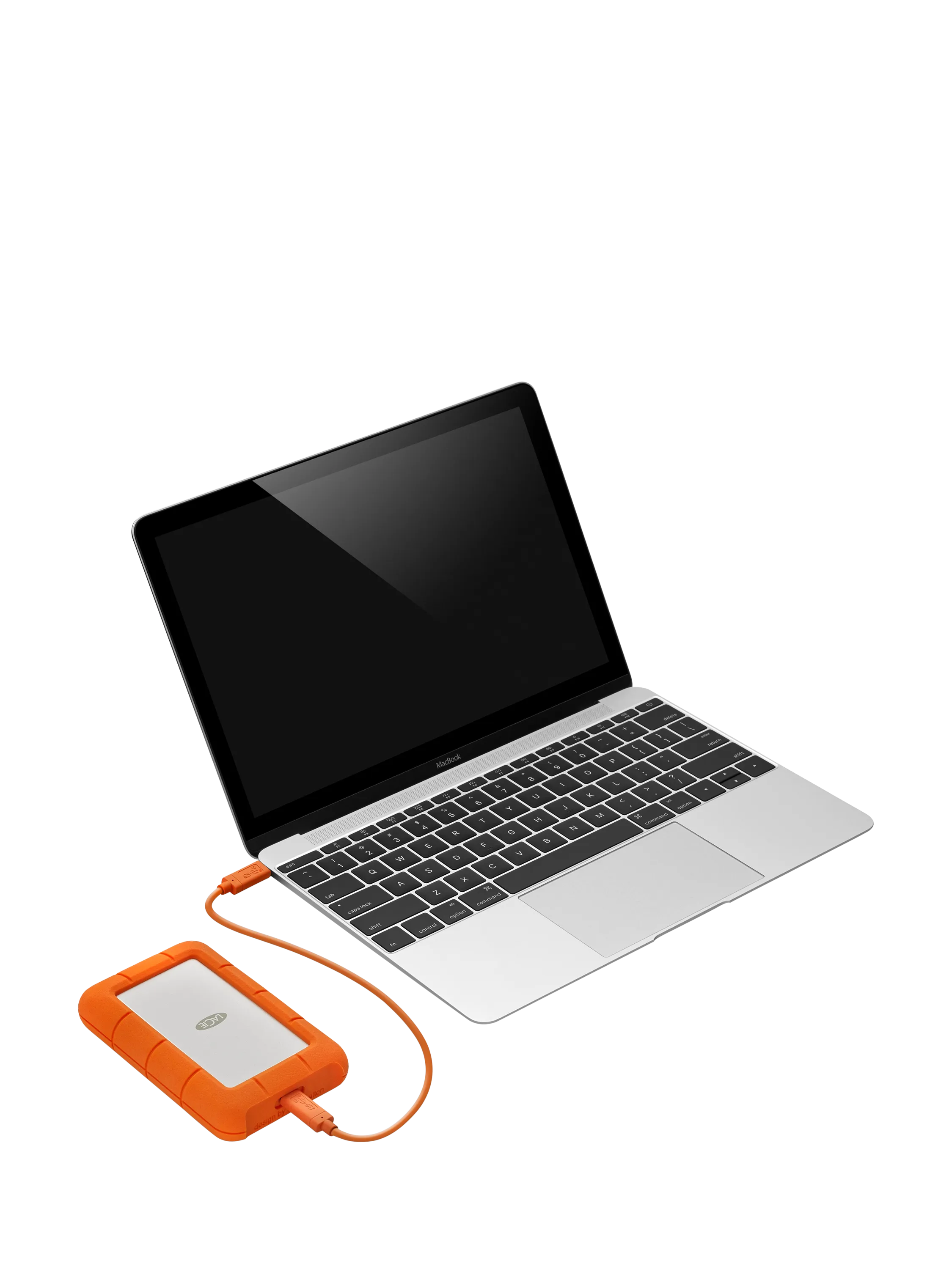 Laptop connected to rugged external hard drive via USB-C cable, portable storage and backup device on black background