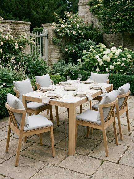 KETTLER Nara 6-Seater Rectangular Garden Dining Table & Chairs Set, FSC-Certified (Acacia Wood), Natural/Pebble - view 2, Acacia Wood/Pebble
