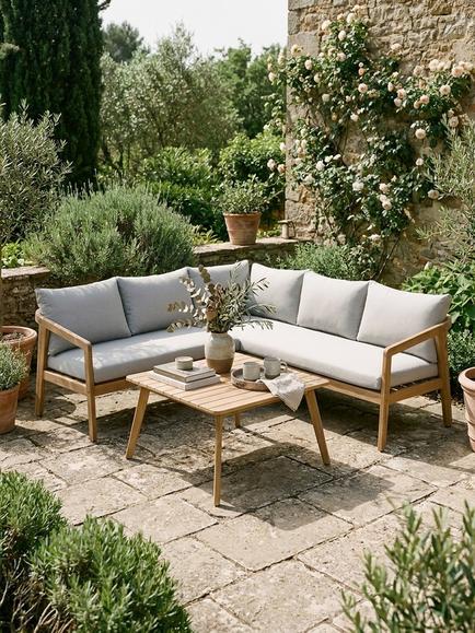 KETTLER Nara 4-Seater Corner Garden Lounging Set, FSC-Certified (Acacia Wood), Natural/Pebble - view 2, Acacia Wood/Pebble