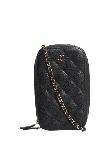 Pre-loved CHANEL 2019 Diamond Quilted Caviar Leather Phone Holder Crossbody Bag, Black, Black