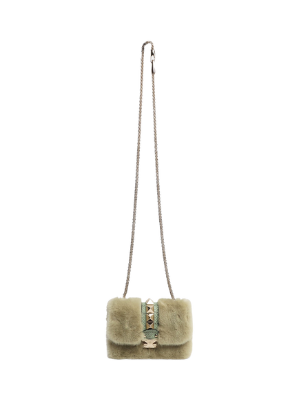 Pre-loved Valentino Faux Fur Rockstud Detail Cross Body Bag, Green - view 2, Green