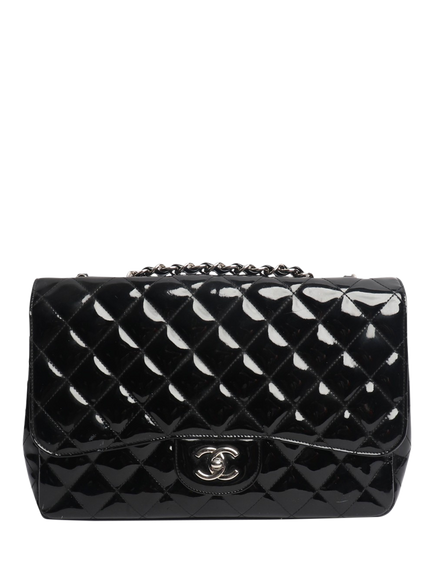 Pre-loved CHANEL 2009 Patent Quilted Leather Jumbo Classic Single Flap Shoulder Bag, Black, Black