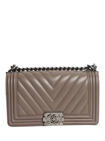 Pre-loved CHANEL 2014 Boy Medium Chevron Quilted Leather Shoulder Bag, Grey, Grey