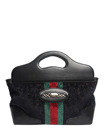Pre-loved GUCCI Velvet and Leather Horsebit Tote Bag, Navy/Multi, Navy/Multi