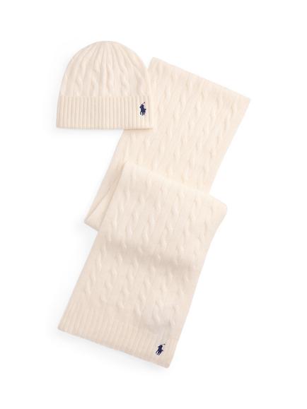 Polo Ralph Lauren Wool Rich with Cashmere Cable Knit Scarf & Beanie Hat, Cream, Cream