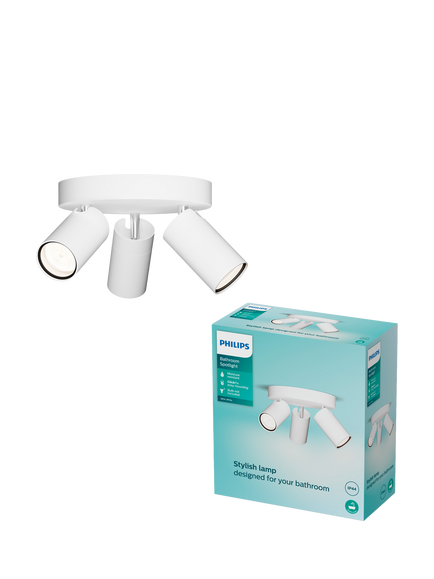 Philips Idris Bathroom Adjustable 3 Spotlight Ceiling/Wall Plate, White, White White