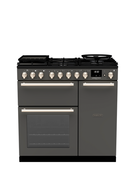 Rangemaster OUTLET Longstock Deluxe LSDL90DFPSLT/NI1 90cm Dual Fuel Range Cooker with Gas Hob, Like New, Slate, Slate