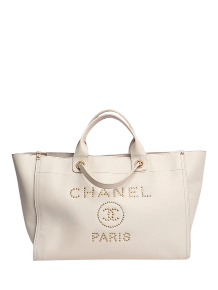 Pre-loved CHANEL Studded Leather Deauville Tote Bag, Cream, Cream