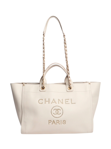 Pre-loved CHANEL Studded Leather Deauville Tote Bag, Cream - view 2, Cream