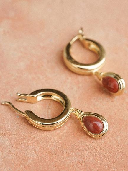 Daisy London 18ct Gold Plated Red Jasper Hoop Earrings, Gold - view 2, Gold