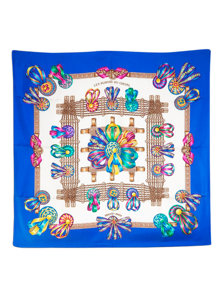 Pre-loved Hermès Les Rubans Du Cheval Carre 90 Silk Scarf, Blue/Multi, Blue/Multi