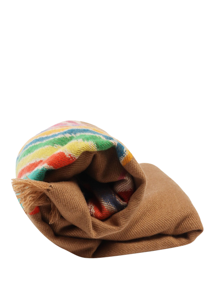 Pre-loved Hermès Fringed Leather Trim Cashmere Scarf, Brown/Multi - view 2, Brown/Multi