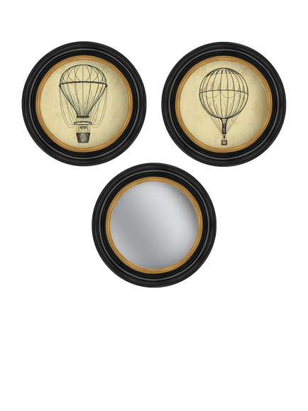Brookpace Lascelles Air Balloon Round Porthole Framed Prints & Mirror, Set of 3, 36cm, Multi