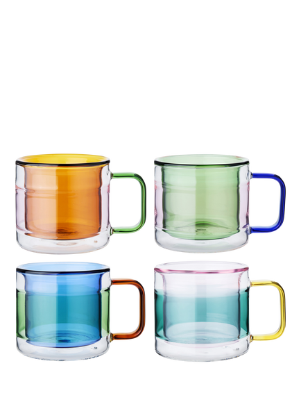 The Conran Shop Palette Double Wall Glass Mug, Set of 4, 300ml, Multi, Blue Multi