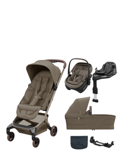 Maxi-Cosi Fame Cabin Pushchair & Carrycot with Coral Slide Pro Car Seat & FamilyFix Slide Pro Base Bundle, Truffle, Truffle