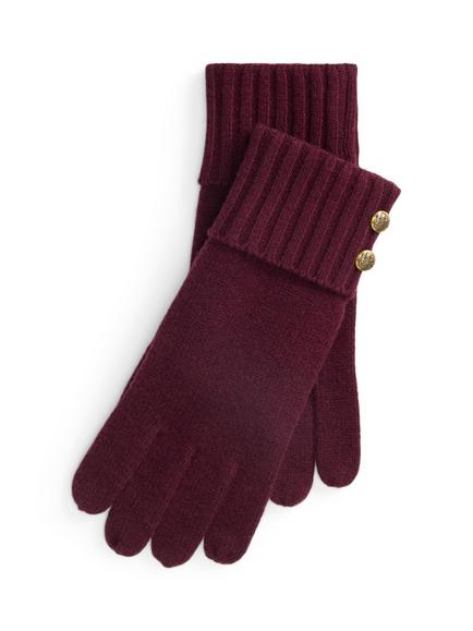 Lauren Ralph Lauren Crest Logo Button Knit Gloves, Burgundy, Burgundy