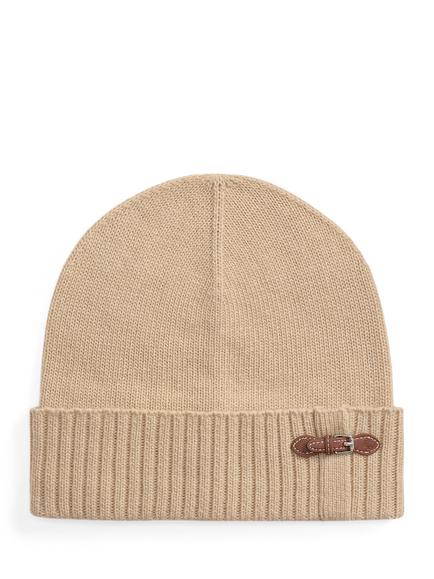 Ralph Lauren Leather Buckle Knit Beanie Hat, Camel, Camel
