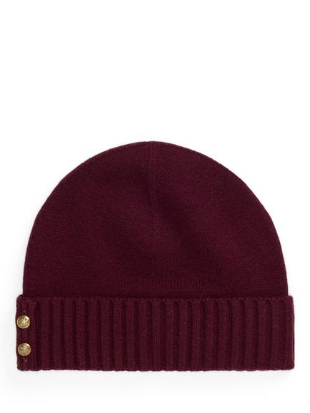 Lauren Ralph Lauren Crest Logo Button Knit Beanie Hat, Burgundy, Burgundy