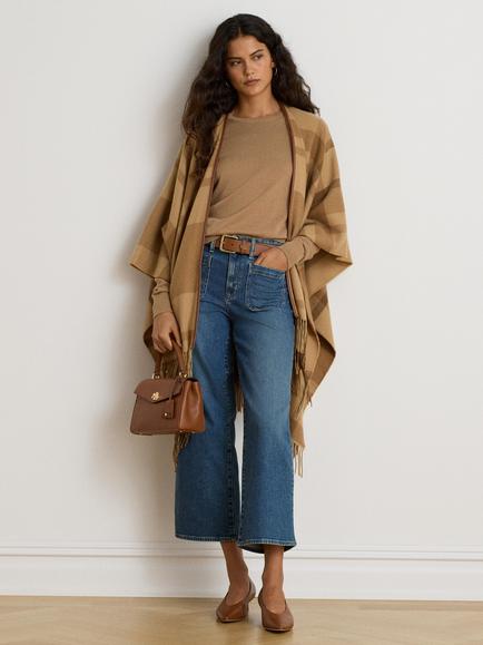 Lauren Ralph Lauren Rua Leather Trim Check Fringe Poncho, Brown/Multi, Brown Multi