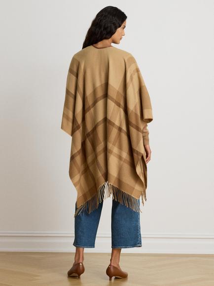 Lauren Ralph Lauren Rua Leather Trim Check Fringe Poncho, Brown/Multi - view 2, Brown Multi