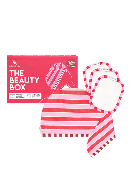 Dock & Bay Waffle Hair Wrap & Makeup Remover Pads Beauty Box, Cherry Bomb, Red
