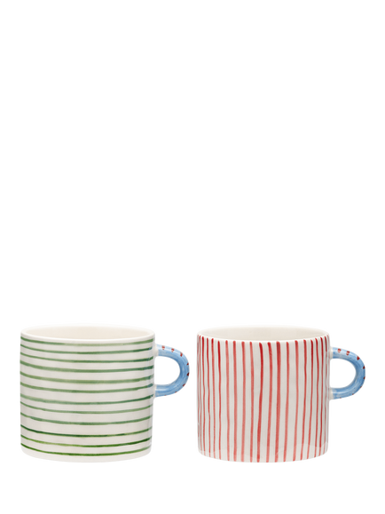 Anna + Nina Hand Painted Stripe Affair Stoneware Tea Mug, Set of 2, 500ml, Multi, Multi