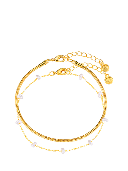 Orelia Faux Pearl Beads Smooth Snake Chain Bracelet, Gold, Gold/White