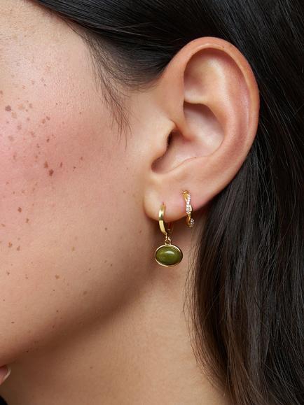 Orelia Jade Micro Hoop and Drop Earrings, Green/Gold - view 2, Gold/Green