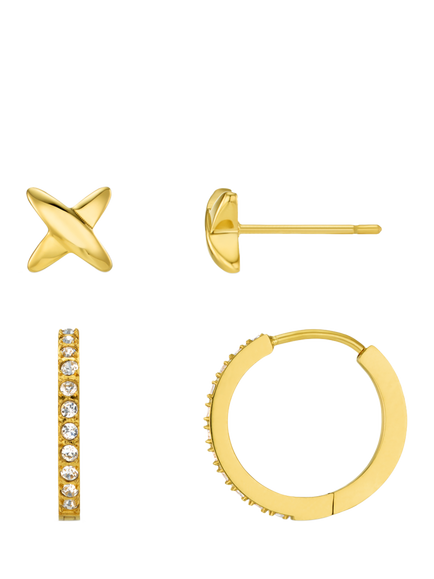 Orelia Luxe Waterproof Cubic Zirconia Pavé Studded Hoop and Cross Stud Earrings, Set of 2, Gold, Crystal