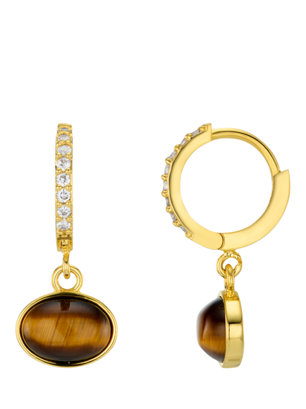 Orelia Tiger's Eve Pave Mini Hoop Drop Earrings, Brown/Gold, Gold/Brown