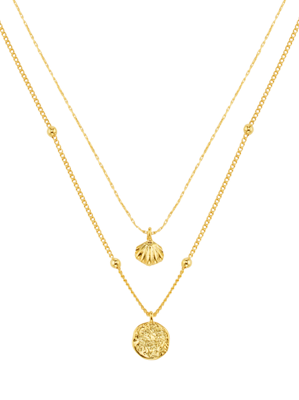 Orelia Dual Row Molten Coin and Mini Shell Charm Necklace, Gold, Pale Gold