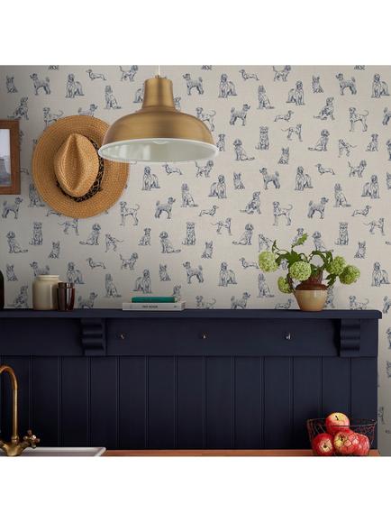 Joules Sketched Dogs Wallpaper, Cream & Blue - view 2, Cream & Blue