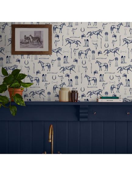 Joules Sketched Equestrian Print Wallpaper - view 2, Cream/Blue
