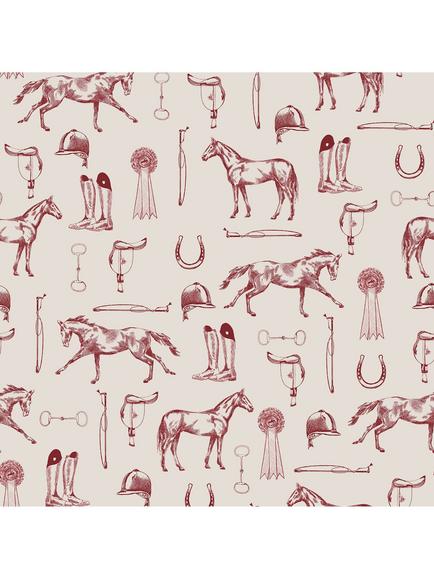 Joules Sketched Equestrian Print Wallpaper, Cream / Burgundy