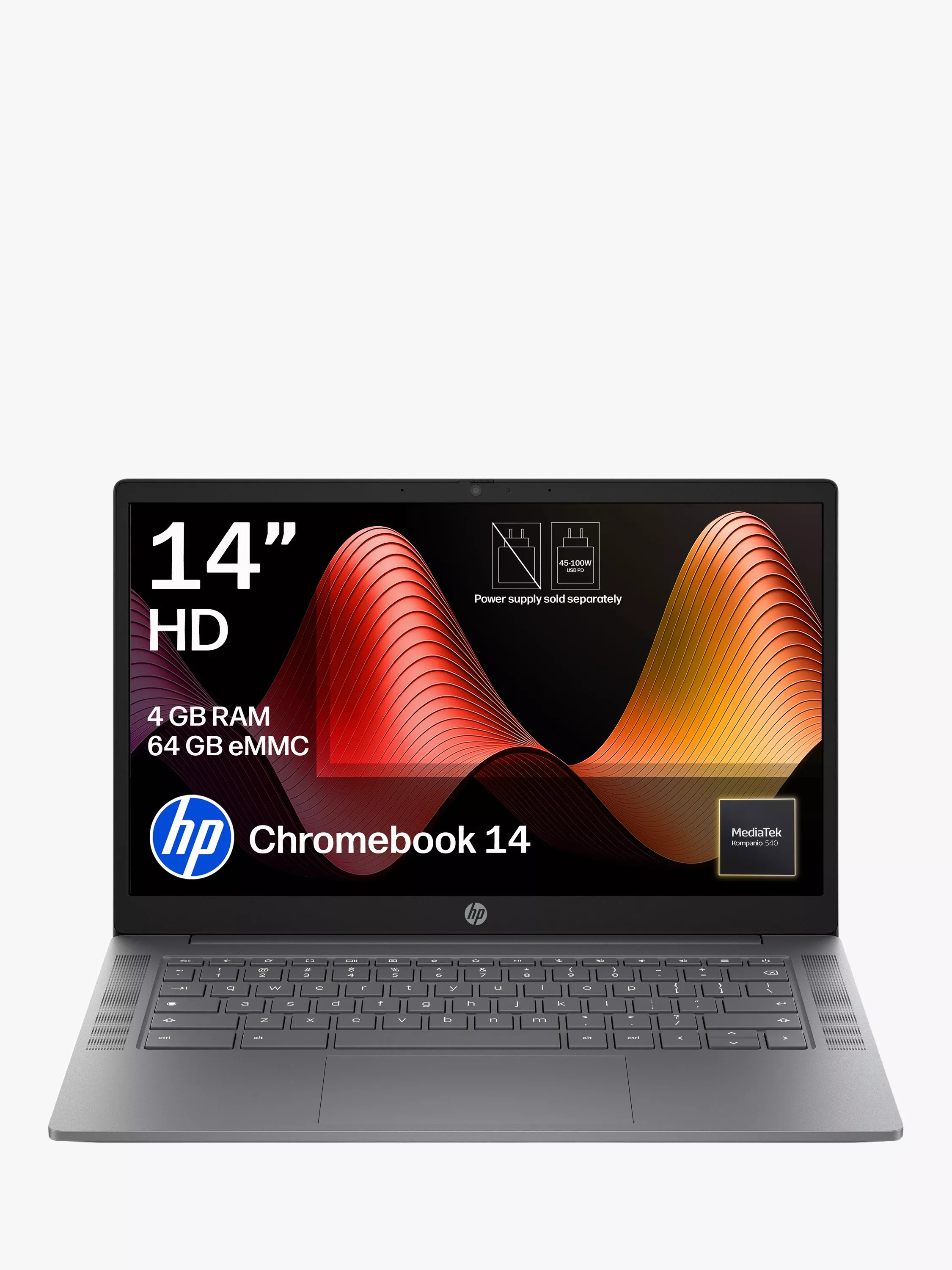 HP Chromebook 14 laptop with 14-inch HD display, 4GB RAM, 64GB eMMC, shown open on black background