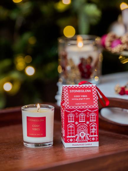 Stoneglow Cosy Vibes Small Soy Wax Votive Candle, 54g - view 2, Red & Gold