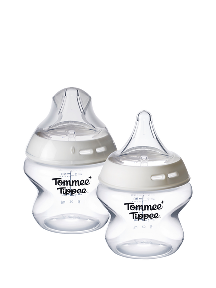 Tommee Tippee Natural Start Baby Bottles with Deep Latch Triangular Teats, 150ml, Extra Slow Flow, Pack of 2, Multi