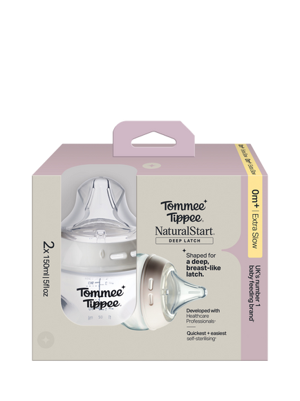 Tommee Tippee Natural Start Baby Bottles with Deep Latch Triangular Teats, 150ml, Extra Slow Flow, Pack of 2 - view 2, Multi
