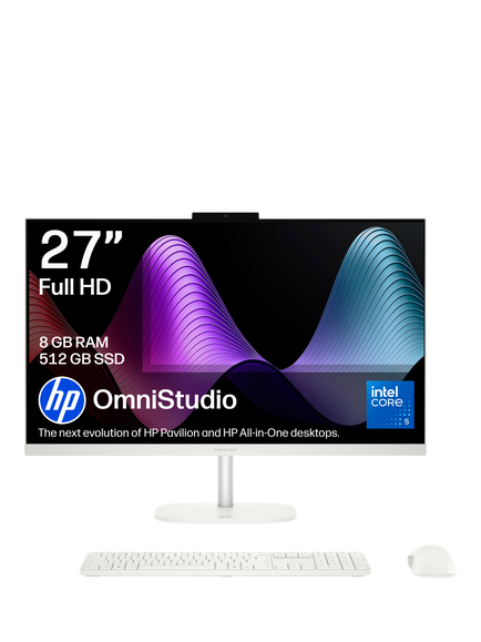 HP OmniStudio 27-cu0010na All-in-One Desktop PC, Intel Core i5 Processor, 8GB RAM, 512GB SSD, 27" Full HD, Cotton White, Cotton White