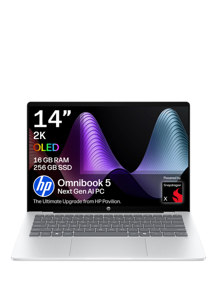 HP OmniBook 5 Laptop, Snapdragon X X1 Processor, 16GB RAM, 256GB SSD, 14” 2K OLED, Glacier Silver, Glacier Silver