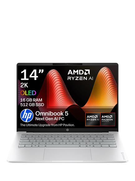 HP OmniBook 5 Laptop, AMD Ryzen AI 5 Processor, 16GB RAM, 512GB SSD, 14” 2K OLED, Glacier Silver, Glacier Silver
