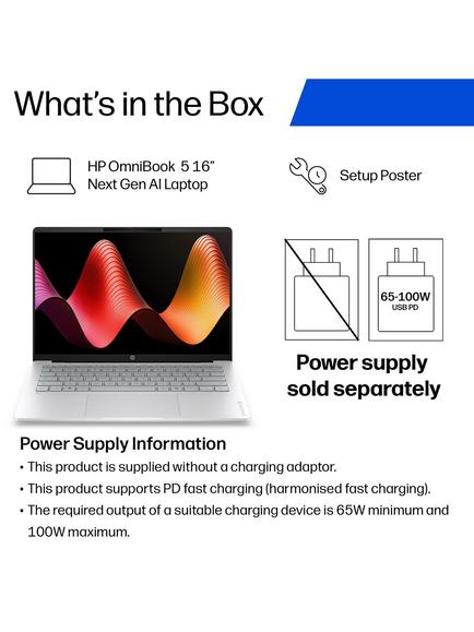 HP OmniBook 5 Laptop, AMD Ryzen AI 5 Processor, 16GB RAM, 512GB SSD, 14” 2K OLED, Glacier Silver - view 2, Glacier Silver