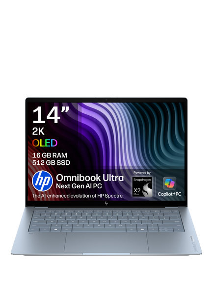 HP OmniBook Ultra 14-kg0002nax Laptop, Snapdragon X2 Plus Processor, 16GB RAM, 512GB SSD, 14” 2K OLED Touchscreen, Stone Blue, Stone Blue