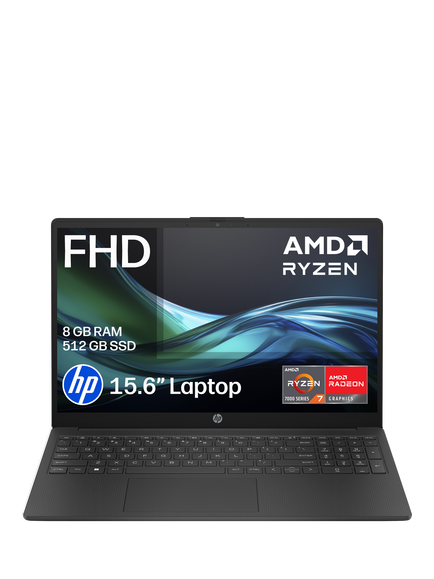 HP 15-fc0079na Laptop, AMD Ryzen 7 Processor, 8GB RAM, 512GB SSD, 15.6” Full HD, Jet Black, Jet Black